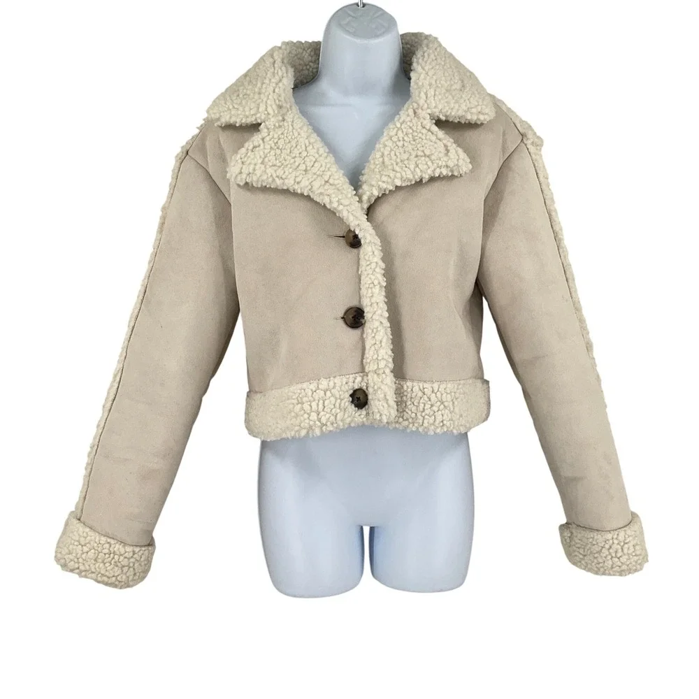 Wild Fable Womens Beige‎ Faux Suede Shearling Cropped Jacket XS Festival